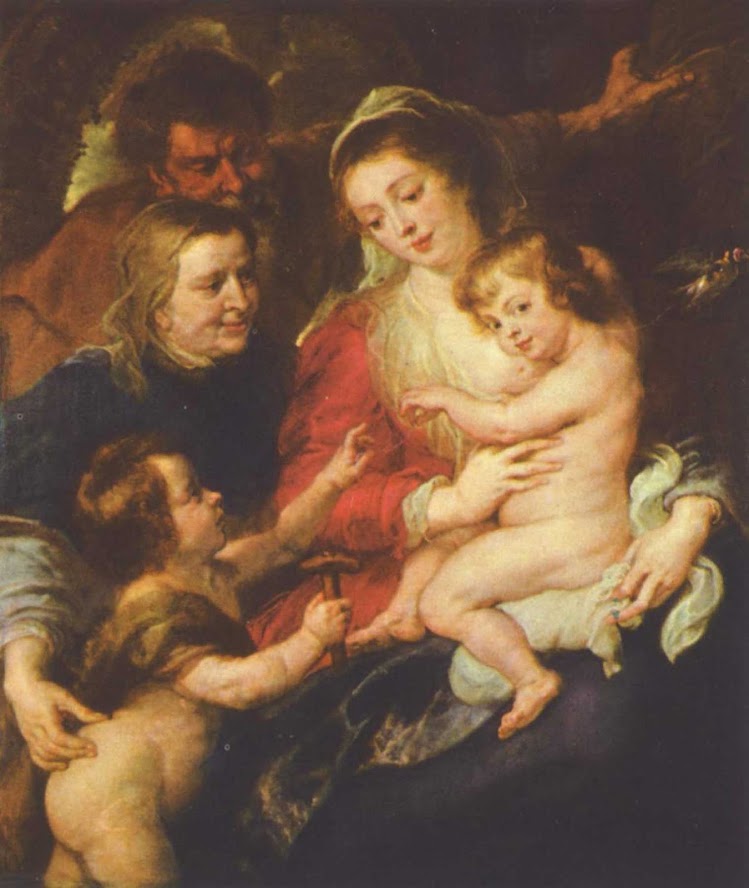 "Holy Family" (c. 1634), oil on canvas by Flemish painter Peter Paul Rubens, depicts the holy family with St. Elizabeth and a young St. John the Baptist. You can see it at the Wallraf-Richartz-Museum in Cologne, Germany.