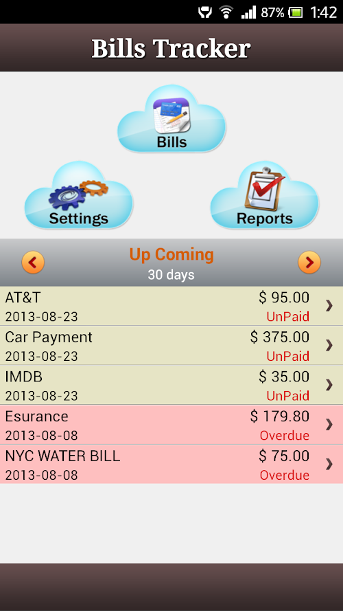 Android application my Bills Organizer screenshort