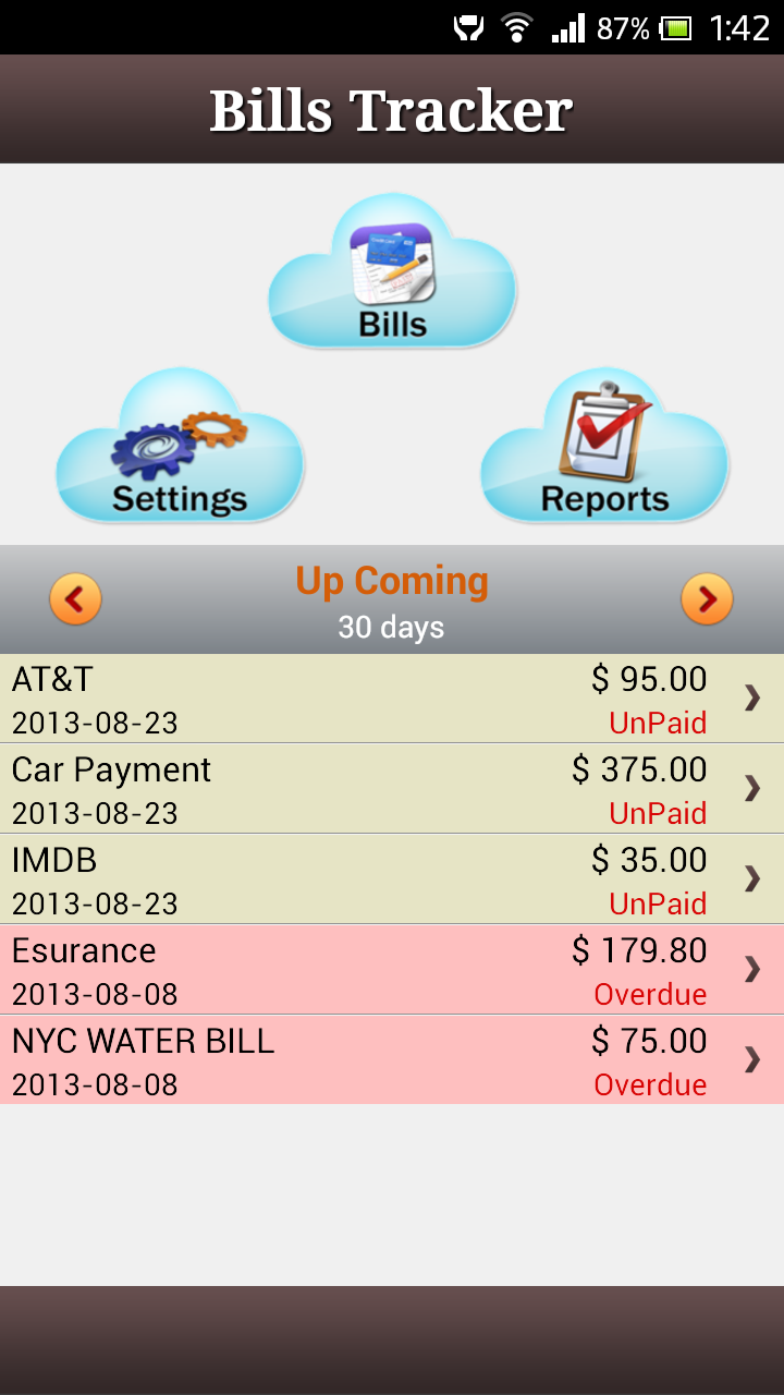 my Bills Organizer Screen 1