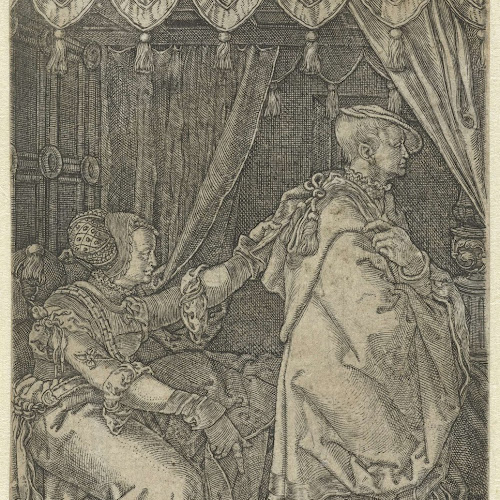 Jozef en de vrouw van Potifar, Heinrich Aldegrever, 1532 - Rijksmuseum