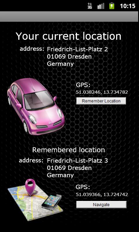 Android application Where is my car? screenshort