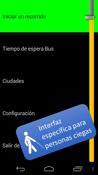Fotografía de un móvil con la interface de usuario adaptada para el uso de una persona ciega.