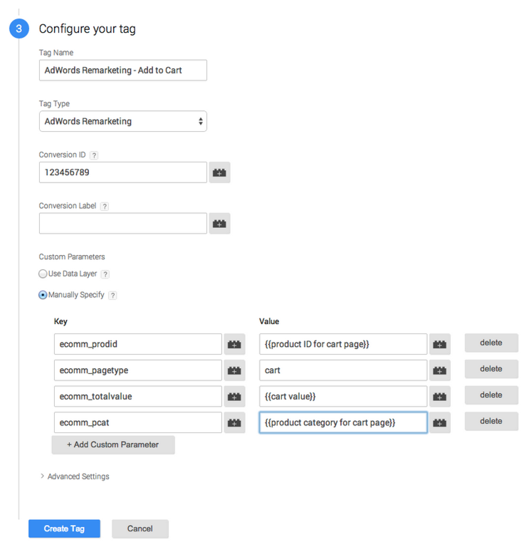 Configure tag type for adwords remarketing