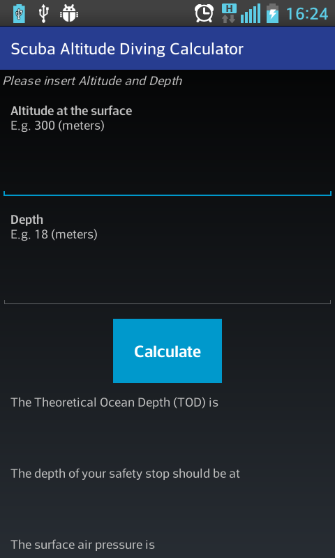 Scuba Altitude Diving Calc Screen 1