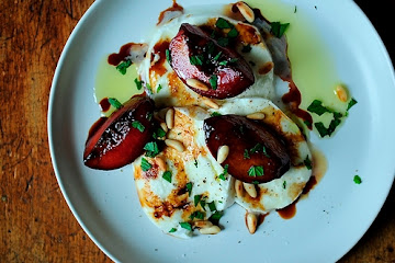Buffalo Mozzarella with Balsamic Glazed Plums, Pine Nuts and Mint