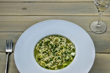 pea, mozzarella and smoked avocado risotto