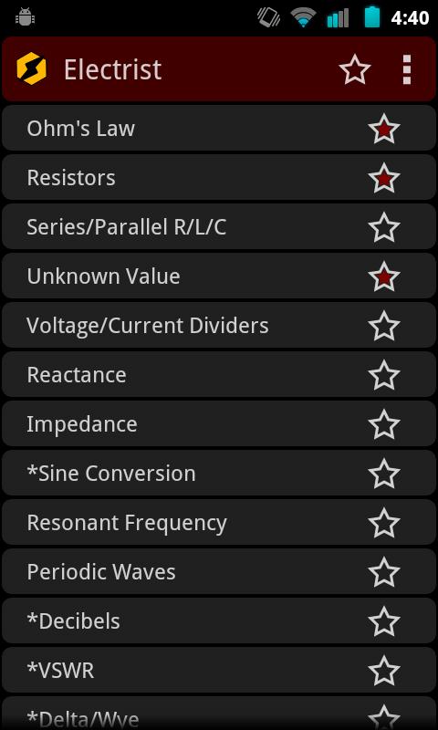 Android application Electrist Electronics Calc screenshort