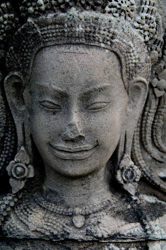 Cambodia-Angkor-Prasat-Bayon-Temple - A detail from Bayon Temple, the richly decorated Khmer temple at Angkor in Cambodia built in the late 1100s or early 1200s, seen during a G Adventures expedition to Cambodia.