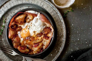 Patatas Bravas with Ham and Egg