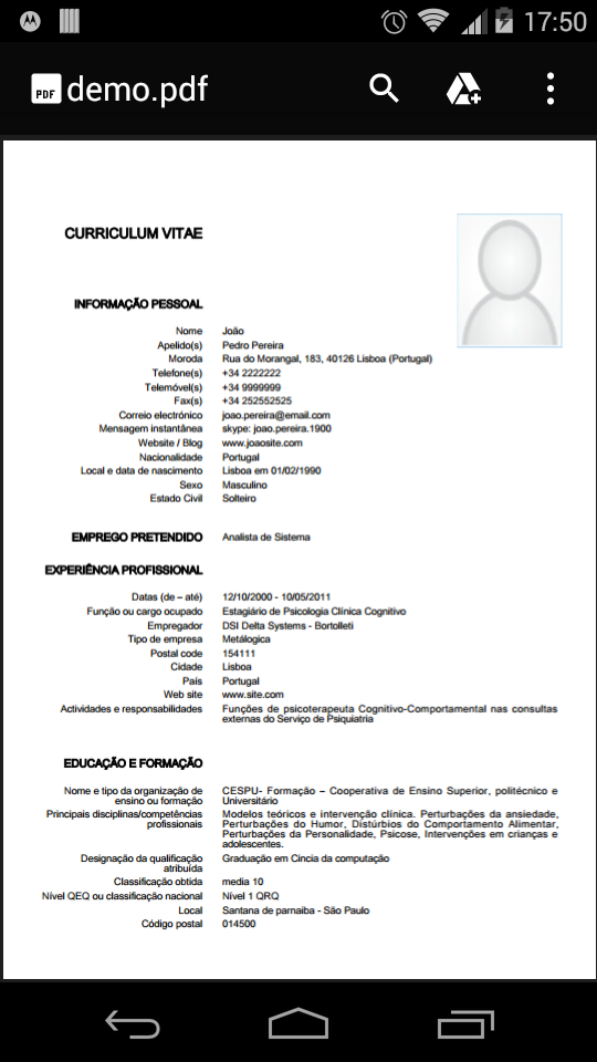 Android application Curriculum vitae europeu PREMI screenshort