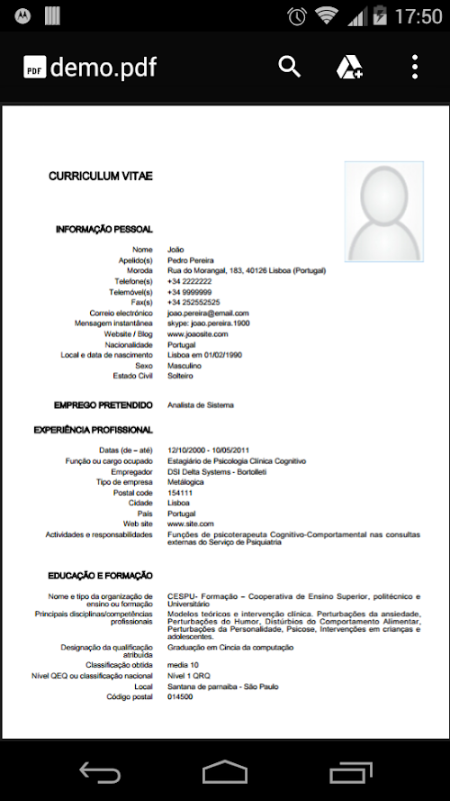 Android application Curriculum vitae europeu PREMI screenshort