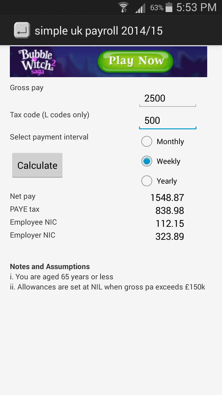 UK payroll calculator 2016/17 Screen 2