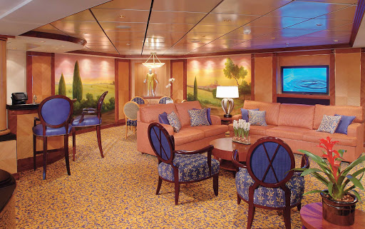 The Royal Suite aboard Jewel of the Seas accommodates up to eight people and comes with a private balcony and complimentary concierge service.