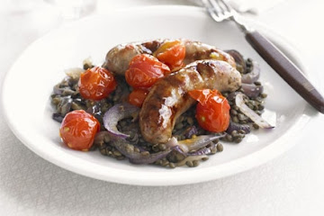 Saucy roast sausages with lentils