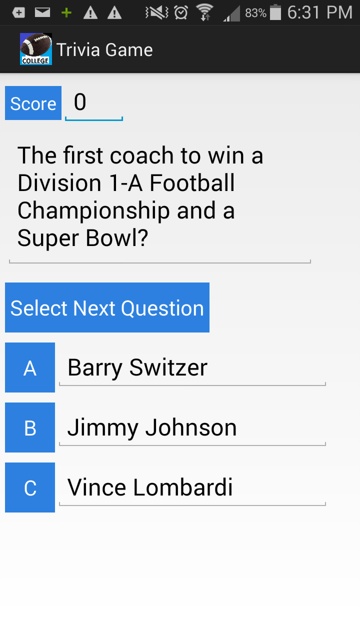 College Football Trivia Game Screen 2
