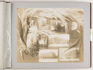 Compositie van acht foto's van portretten van docenten aan de Keizerlijke Militair-Medische Academie, exterieur van het gebouw, gecombineerd met decoratie van gedroogde takken