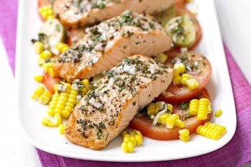 Salmon with new potato & corn salad & basil dressing