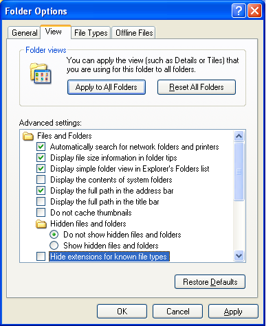 Screenshot: Windows Explorer (Windows XP): Folder Options: uncheck Hide extensions for known file types