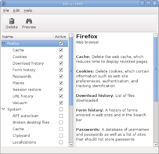 BleachBit 0.5.4 main screen on Debian 5 showing the Firefox description