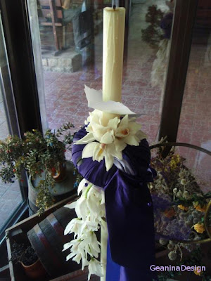 Lumanare cu satin mov pentru nunta cu tema orhideelor