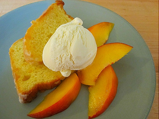 Lemon Cake with Peaches & Vanilla Ice Cream