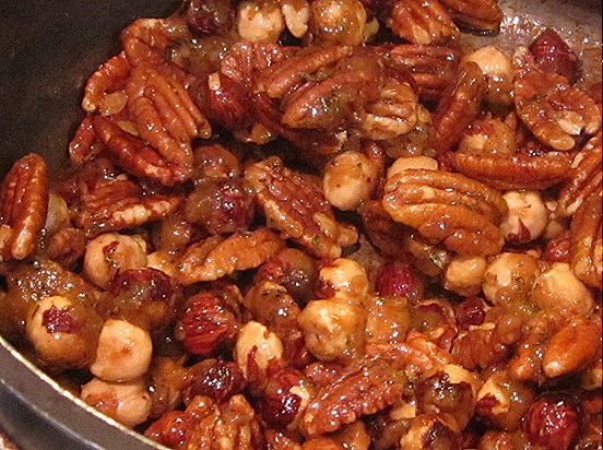 Pecans and hazelnuts, coated in rosemary-sugar-butter sauce