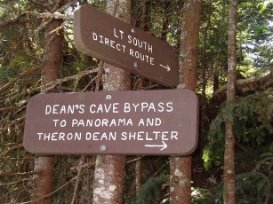 Sign for the treaterous and debatably short shortcut to Dean's shelter.