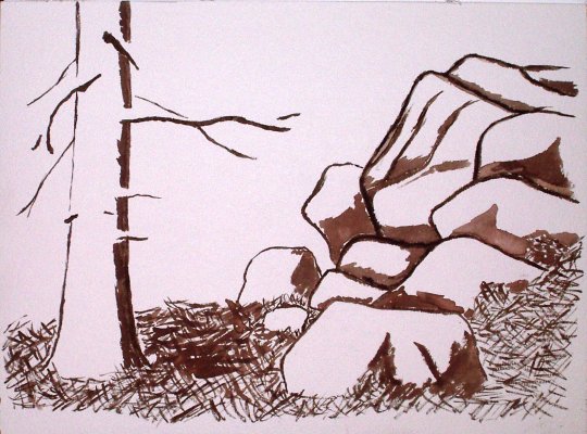 Sepia lines and unrealistic shadows of rocks and tree.