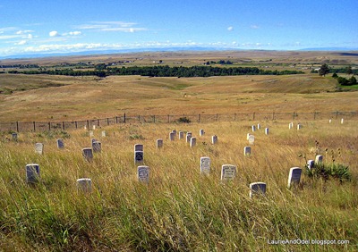 The markers on Last Stand Hill, overlooking the Little Bighorn Valley.  Custer's marker has the black face, near the middle.
