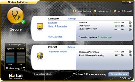 Norton Antivrus 2009 interface