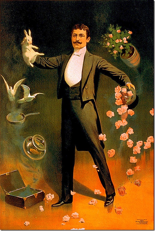 Advertising poster for Zan Zig the magician performing with rabbit and roses, Strobridge Lithograph Company, Cincinnati & New York, 1899