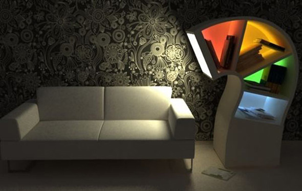 Modern Bookshelves Storage Cabinet Furniture Design Ideas and Lamp in Night