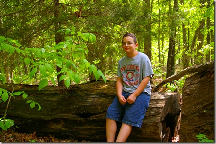 Travis sitting on the trunk of a fallen tree