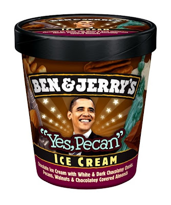 a tub of Ben & Jerry's Yes, Pecan which shows President Barack Obama on the front