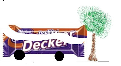 Image shows Cadbury's Double Decker bar halved beside a tree that looks like it was painted by a four year old child