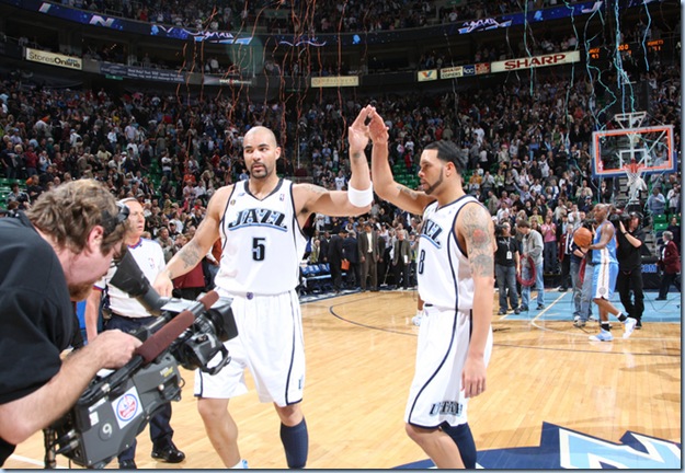 March 6 2009 - Deron and Booz celebrate [Melissa Majchrzak for NBAE Getty Images]
