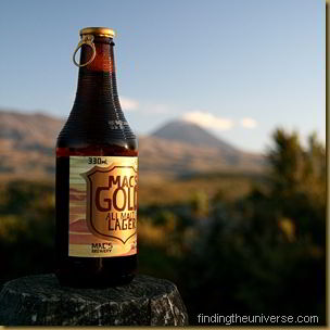 Macs Gold Lager with Mount Ngauruhoe in background