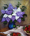 Still life with lilacs and strawberries on a table