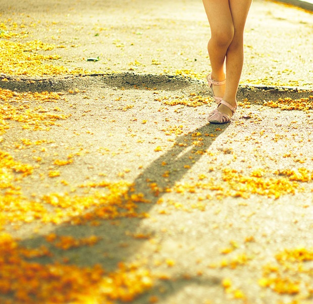 Beautiful Girl walks through autumn