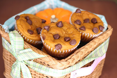 photo of Chocolate Chip Pumpkin Muffins in a basket