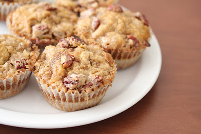 close-up photo of a plate of Pecan streusel pumpkin muffins
