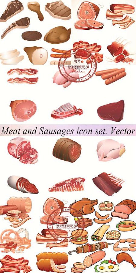 Stock: Meat and Sausages icon set. Vector