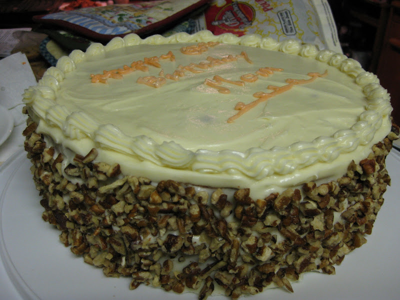 Carrot cake, side view, uncut