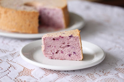 photo of a slice of Purple sweet potato chiffon cake on a plate