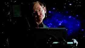 Stephen Hawking speaks via satellite during a Science Channel presentation in Pasadena, Calif.