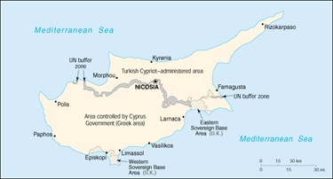 Map of Cyprus showing occupied zone