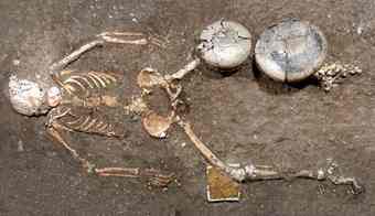 Skeletal remains of a woman who was found right outside a recently discovered tomb in the ancient city of Chiapa de Corzo, Chiapas, Mexico