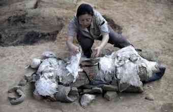 Archaeologist Xu Weihong covers the coloured battle suit of a newly found terracotta warrior at the excavation site inside the No. 1 pit of the Museum of Qin Terracotta Warriors and Horses, on the outskirts of Xi'an, Shaanxi province.
