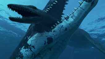 A pliosaur crushes down on a smaller plesiosaur, thanks to its 33,0000-lb bite