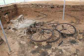 The unique four-wheeled chariot found at Karanovo is displayed in its original place. 